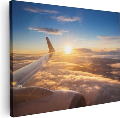 Artaza Canvas Schilderij Zonsondergang - 40x30 cm - Klein - Wanddecoratie Vliegtuigvleugel - Muurdecoratie Wolken - Kamer Accessoires