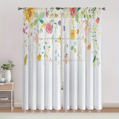 Zachte en Doorzichtige Aquarel Bloemen Gordijnen met Stangzak ideaal voor Huisdecoratie - Breng Natuur-Geïnspireerde Schoonheid in uw Woonkamer W65X60H(cm)X2Pcs&Hook