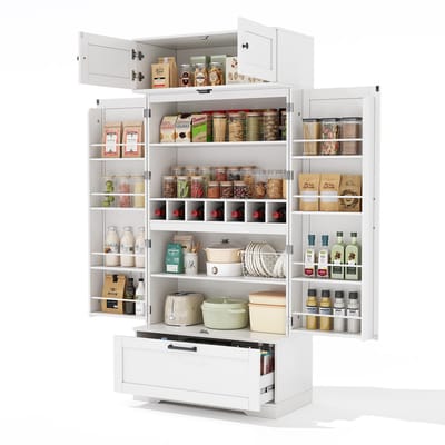 DENMOSTY Keukenkast Vrijstaand met Wijnrek - Hoge Voorraadkast met Lade en Verstelbare Planken - 7 Flessenvakken - Industriële Stijl - Voor Keuken, Eetkamer en Woonkamer - 80 × 40 × 180 cm - Wit