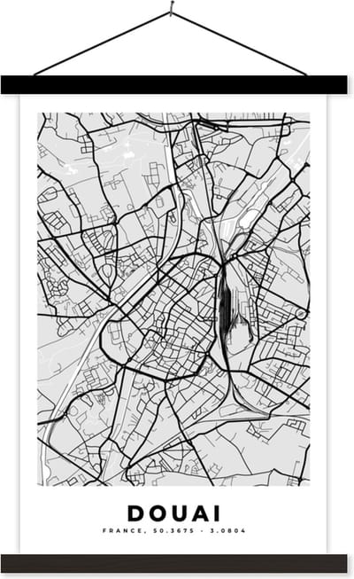 Posterhanger incl. Poster 40x60 cm - Schoolplaat - Douai – Plattegrond – Frankrijk – Kaart – Stadskaart - Textielposter - Zwarte latten - Stadskaart