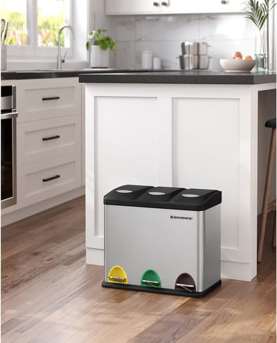 Prullenbak - metalen pedaalemmer - 3-in-1 - 24 liter - afvalscheiding - zilver