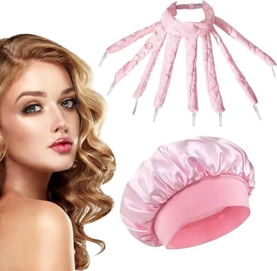 Thijox - 2-delige Octopus hittevrije krulset met zijden nachtcap, zachte band voor DIY-styling, veerkrachtige krullen en golven voor lang haar (Roze)