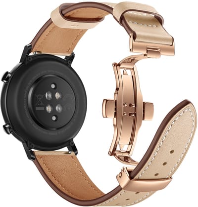 Stravo 20mm Luxe Leren Horlogeband – Geschikt voor Samsung Galaxy Watch 7 / 6 / 5 / 4 (Classic) – Echt Leer Leather Bandje met Roségouden Vlindersluiting – Voor Garmin Vivoactive 5 / 3, Forerunner 245, Venu SQ 2, Vivomove & Huawei - Beige