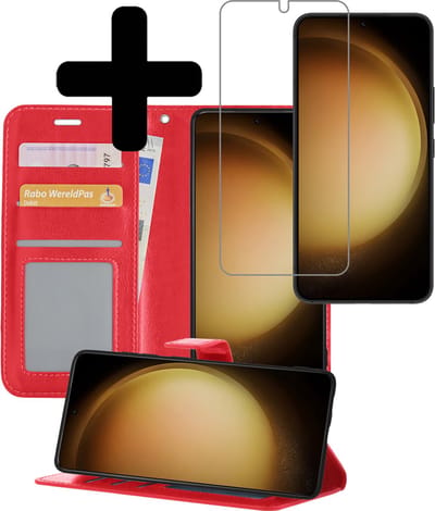 Hoesje - Met Screenprotector - Geschikt voor Samsung Galaxy S23 - Luxe Pasjeshouder - Bookcase Portemonee - Flip Case - Kunstleer Book Case - Flipcase - Book Cover - Walletcase - Portemonneehoes - Telefoonhoesjes - Rood