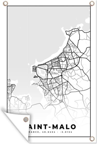 Muurdecoratie Saint-Malo - Kaart – Plattegrond – Frankrijk – Stadskaart - Zwart wit - 120x180 cm - Tuinposter - Tuindoek