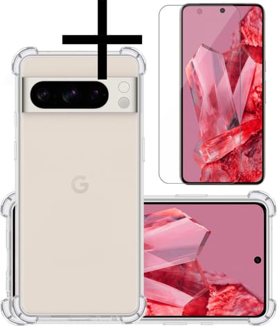 Hoesje - Met Screenprotector - Geschikt voor Google Pixel 8 Pro - Sterk & Shockproof - Siliconen Case - Back Cover - Telefoon Hoes - Shock Proof - Transparant