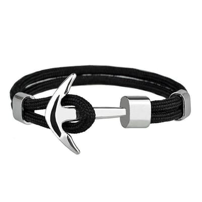 Anker Armband - Zwart met Stalen Anker - Armbanden Heren Mannen - Papa Cadeau Voor Mannen - Vaderdag