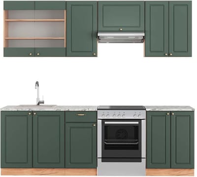 Vicco Fame-Line Complete keukeneenheid – 240 cm, WB Marmer Groen-Goud Land/Goud Power Eik