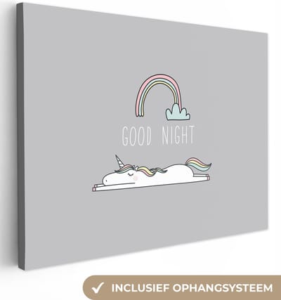Canvas schilderij unicorn - Quotes - Good night - Eenhoorn - Tekst - Regenboog - Spreuken - Wanddecoratie meisjes - Kinderkamer decoratie - 40x30 cm