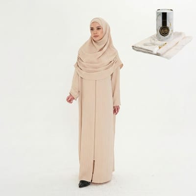 FIRASET Beige 2-delige gebedskleding voor dames met ritssluiting + islamitische geschenkset met gebedskleed (seccade) en gebedskralen, cilindervormige doos – Made in Turkije