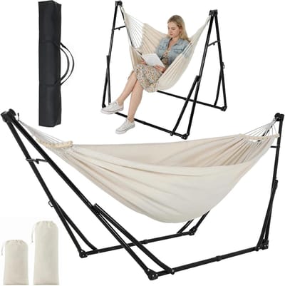 Hangmat met frame - Hangstoel set - Ontspannen buiten - Dubbele gebruiksmogelijkheden - 200 kg draagkracht - Kaki