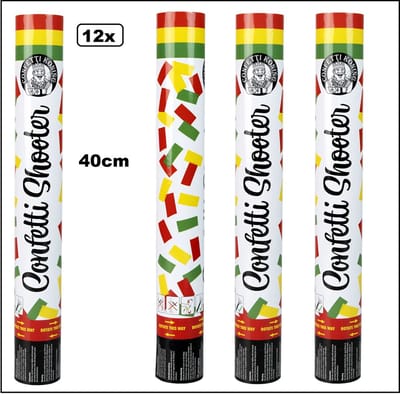 12x Confetti shooter kleuren rood/geel/groen 40cm - papier - Thema feest carnaval landen