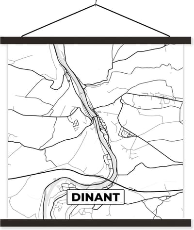 Posterhanger incl. Poster 60x60 cm - Schoolplaat - Kaart – Plattegrond – Stadskaart – Dinant – België – Zwart Wit - Textielposter - Zwarte latten - Stadskaart