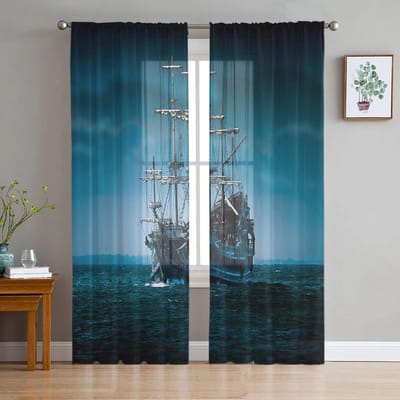 Het Mysterieuze Schip In De Zee Raamgordijn voor Woonkamer Huisdecoratie Tule Voile Gordijn voor Keuken Slaapkamer Raam 135W x 114H(cm) gray