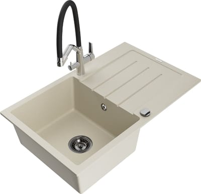 Mexen Bruno granieten spoelbak 1-kompartment met afdruiprek en keukenkraan Duo, beige - 6513-69-671701-07-B