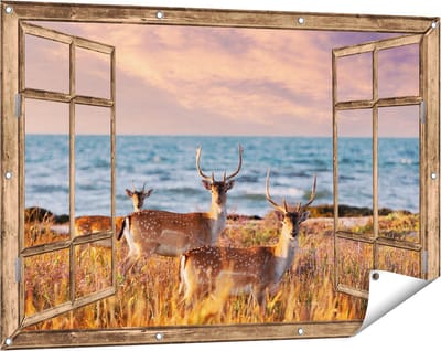 Gards Tuinposter Doorkijk Drie Herten aan de Zee tijdens Zonsondergang - 120x80 cm - Tuindoek - Tuindecoratie - Wanddecoratie buiten - Tuinschilderij