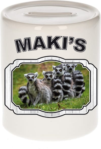 Dieren liefhebber maki familie spaarpot 9 cm jongens en meisjes - keramiek - Cadeau spaarpotten maki apen liefhebber
