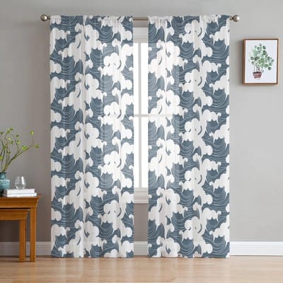 Blauwe Golven Oceaan Tule Gordijnen voor Woonkamer Slaapkamer Transparant Gordijn voor Balkon Hal Mode Bedrukt Huis Draperieën 135W x 114H(cm) white