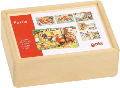 Boerderij Puzzel Kubus - Houten Speelgoed - Kinderen Leren - 12 Stevig Stukjes - 14x10x3.5cm