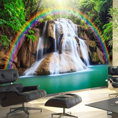 98cm X 70cm - Zelfklevend fotobehang - Regenboog boven een waterval , Premium Print