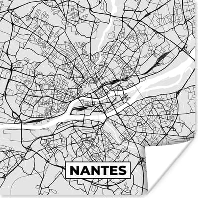 Poster Kaart - Stadskaart - Nantes - Plattegrond - Frankrijk - 100x100 cm XXL