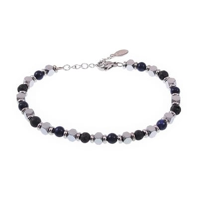 17cm tot 21cm Blauwe Agaat Kralenarmband Heren - Stalen Zilverkleur - Natuursteen