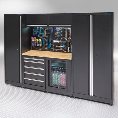 Datona® Werkplaatsinrichting PREMIUM eiken werkblad met koelkast - 285 cm breed - Zwart