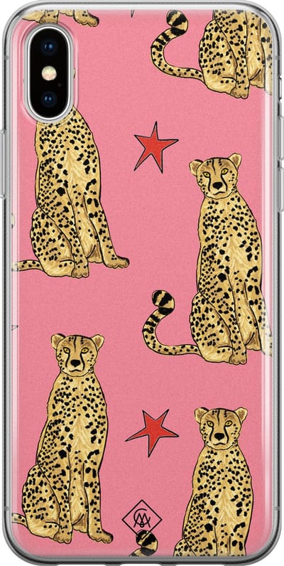 Casimoda® hoesje - Geschikt voor iPhone Xs - The Pink Leopard - Siliconen/TPU telefoonhoesje - Backcover - Luipaardprint - Zwart