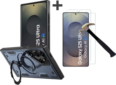 Hoesje Geschikt voor Samsung Galaxy S25 Ultra met 2 Stuks gehard glas Screenprotectors - Armor hoes met Ringhouder - Arara backcover - Navy
