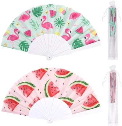 Dailygoods- Handwaaier 2 Stuks - Opvouwbaar - Zomerwaaiers - Flamingo/Watermeloen - Organza Hoes - Feestcadeau - Zomerwaaier