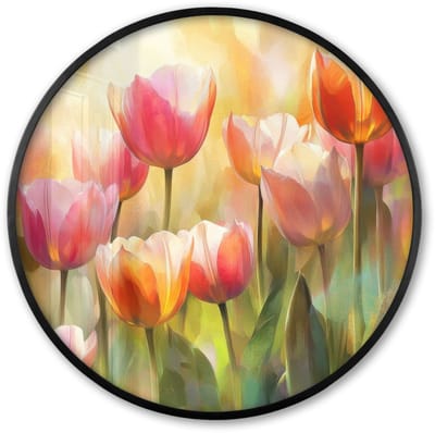Poster in lijst Rond - Fotolijst 60x60 cm - Posters - Tulpen - Sprookjesachtig - Kleurrijk - Ronde posterlijst zwart - Decoratie - Wanddecoratie woonkamer - Muurdecoratie slaapkamer