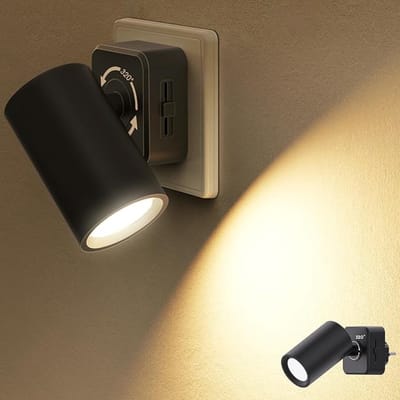 Verte Stekkerspot Dimbaar - Stopcontact met Schemersensor – 320° Draaibaar – Dimbaar Led-Nachtlampje – 0-100 Lm – 3000 K – Warm Wit – Nachtlampje voor Slaapkamer – Gang – Trap – Keuken – Zwart