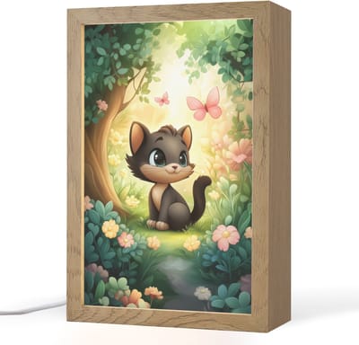 Nachtlampje 20x30 cm - Kinder lampje - Kat - Zwart - Bos - Vlinders - Tafellamp kinderkamer - Slaapkamer lamp - Bedlamp kinderen - Kinderlampje stopcontact - Wandlamp babykamer - Nachtlampjes
