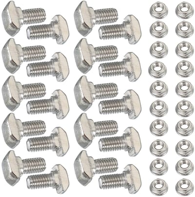 M5 x 10 mm T-groefbouten, 20 sets drop-in-bouten hamerkop met zeskantflensmoeren, T-boutstud-schuifschroef voor 20-serie aluminium extrusieprofiel, zilver