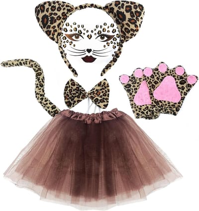 Leopard Kostuum Set met Gezichtsverf, Haarband, Staart, Handschoenen en Tutu Rok voor Feestjes en Verkleedpartijen