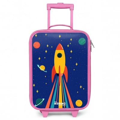 NoBoringSuitcases.com® - Kinderkoffer roze - Kindertrolley meisje - Raket - Sterren - Planeet - Ruimte - Koffer kind lichtgewicht - Reiskoffer trolley voor kinderen - Koffertje met lichtgevende wieltjes - Rolkoffer
