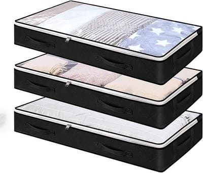 3 stuks premium onderbedcommode met kijkvenster, 90 liter, opvouwbare opbergtas, kledingopslag, dekenorganizer, opbergcontainer, 4 handgrepen, 100 x 50 x 15 cm, zwart