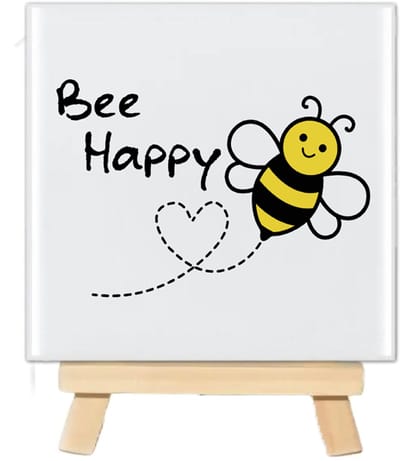 Tegeltje met tekst - Bee Happy - 10x10cm - inclusief houten standaard