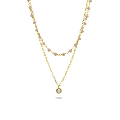 New Bling 9NB-1356 Zilveren Ketting met Twee Lagen - Kraaltjes - Agaat - 3,5mm - 36+4cm - jasseron - 40+4cm - Zirkonia Hangertje - 5,6mm Doorsnee - Zilver - Verguld/Goud op Zilver
