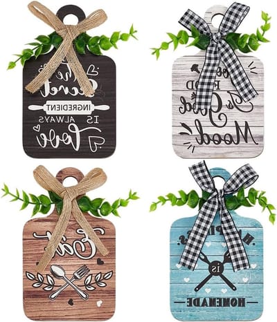 Set van 4 Houten Borden voor Keuken Wanddecoratie, Eet Snijplank Signaal met Jute Touw, Rustieke Wanddecoratie voor Thuis, Keuken en Eetkamer 15x9cm