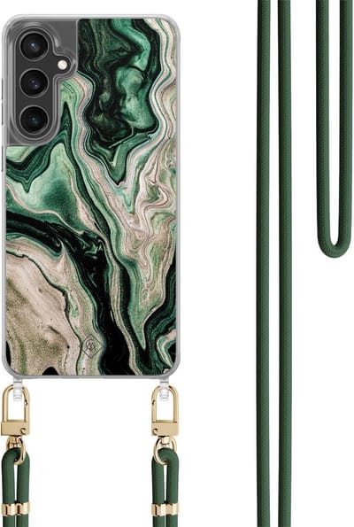 Casimoda® hoesje met koord - Geschikt voor Samsung S24 FE - Groen marmer / Marble - Afneembaar koord - TPU/polycarbonaat - Groen