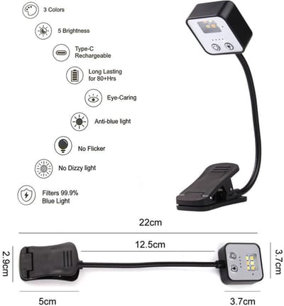 KZQ Oplaadbare Leeslamp Met 3 Kleurtemperaturen En 5 Helderheidsstanden Type-C Snel Opladen Timer Tot 80 Uur Batterijduur Oogvriendelijke Clip Voor Bed Reis En Kinderen