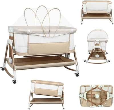 M-Goods Co Sleeper Babybedje Multifunctioneel - Bedside Crib met Klamboe - Schommelwieg - 6 Hoogtes Verstelbaar - Wielen met Rem