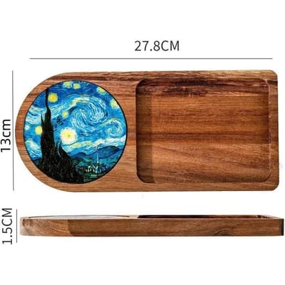 Houten dienblad in vintage stijl met keramische onderzetters Afternoon Tea Cake Brood Snacks Desserts Opdienen Thee Party Voedsel Opbergdienbladen blue