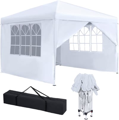 Opvouwbaar Tuinpaviljoen 3x3 m met Zijwanden – Spatschermend & UV-bestendig – Ideaal voor Tuinfeest, Camping, Markt, BBQ – Wit