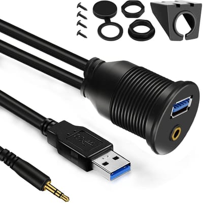Paneelmontagekoppeling met USB A en 3,5 mm aansluitingen voor voertuigen - 1 meter lang