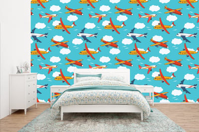 Behang - Fotobehang Patronen - Vliegtuig - Wolk - Lucht - Jongen - Kindje - Kinderen - Kids - Breedte 400 cm x hoogte 240 cm