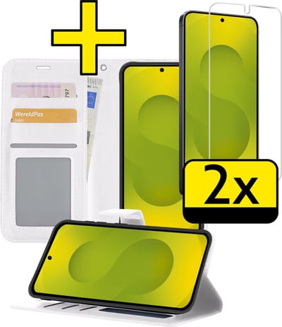 Hoesje - Met 2x Screenprotector - Geschikt voor Samsung Galaxy S25 - Luxe Pasjeshouder - Bookcase Portemonee - Flip Case - Kunstleer Book Case - Flipcase Hoes - Book Cover - Walletcase - Portemonneehoes - Telefoonhoesjes - Wit