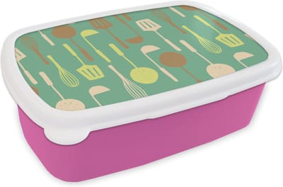 Broodtrommel Roze - Lunchbox - Brooddoos - Spatel - Lepel - Patronen - Keuken - 18x12x6 cm - Kinderen - Meisje