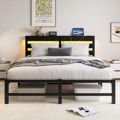 BLACKCOLORS 140x200 met ledverlichting, ledverlichting en USB-oplaadstation, metalen bed met metalen frame, bedframe zonder matras, bedframe met opbergruimte onder de matras